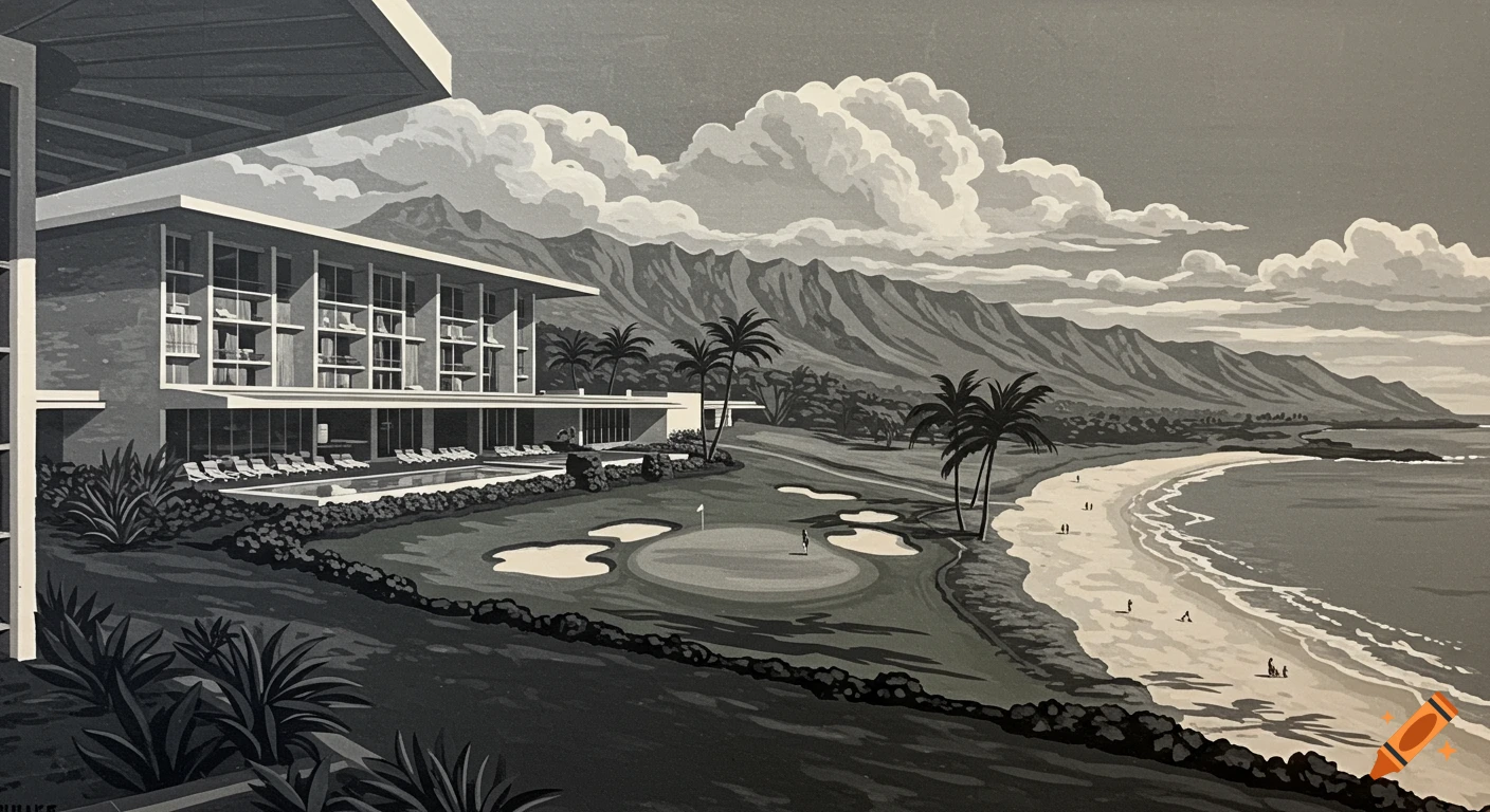 Monotone illustration of a mid-century modern resort with a hotel, golf course, and beach by mountains under cloudy skies.