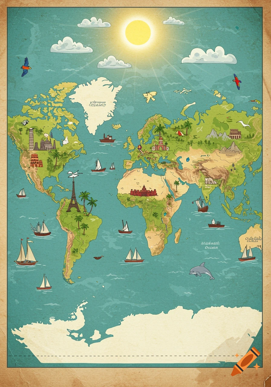 A colorful, vintage-style cartoon world map with famous landmarks, animals, and ships. The sun shines above.