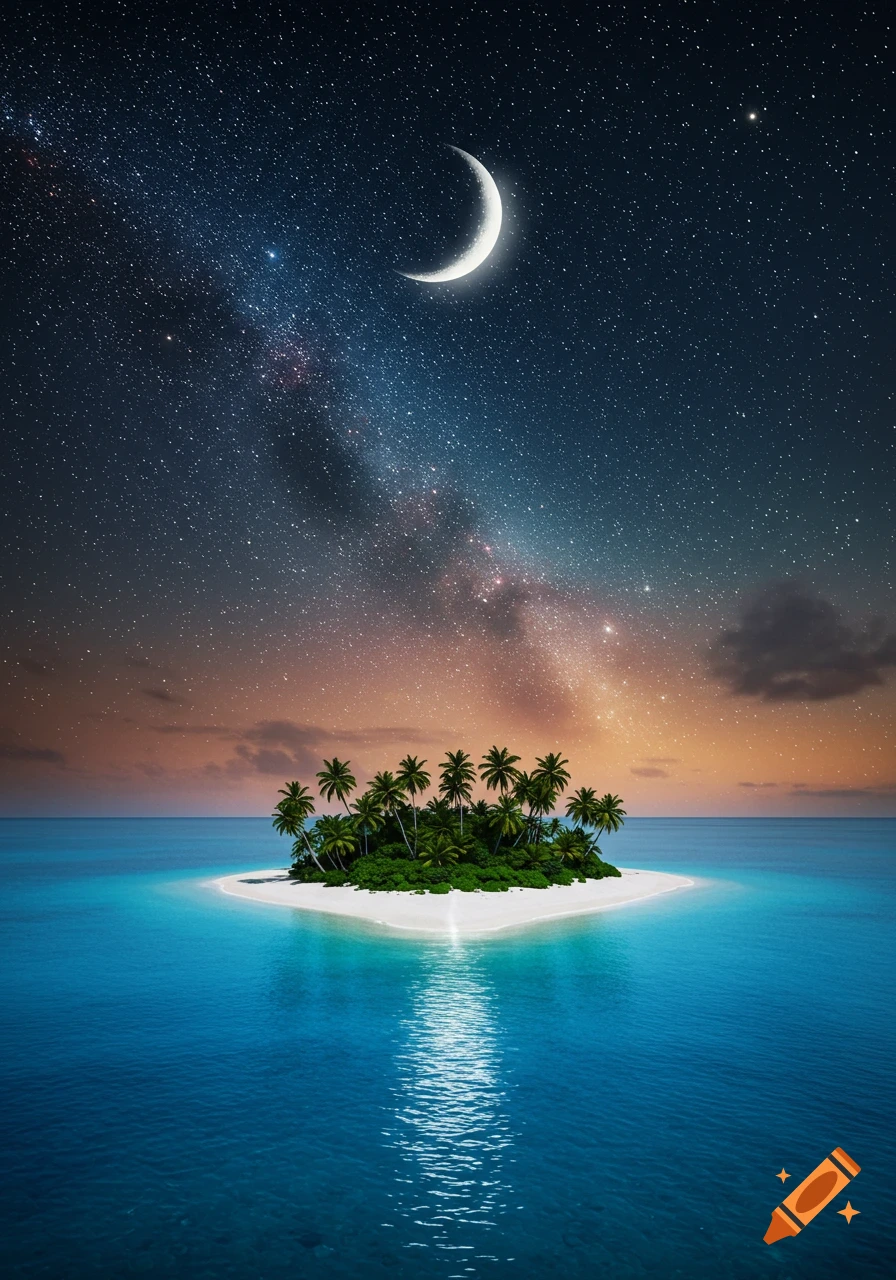 A tropical island with palm trees under a crescent moon and a star-filled night sky, with the moon's reflection on the ocean.