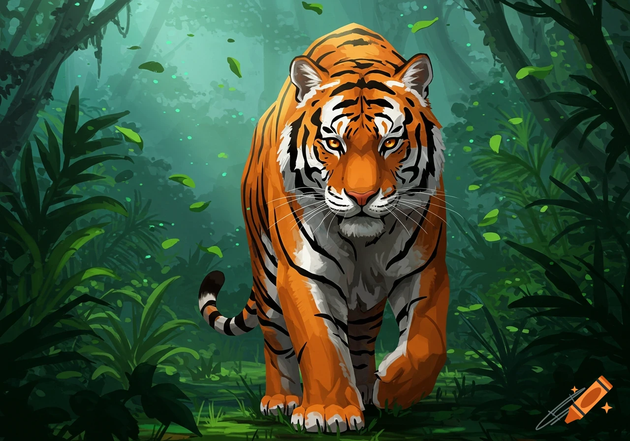 A majestic tiger walks through a lush green jungle. Illustrated.