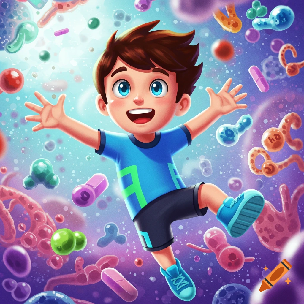 Happy cartoon boy jumping amidst colorful microscopic organisms and pills.