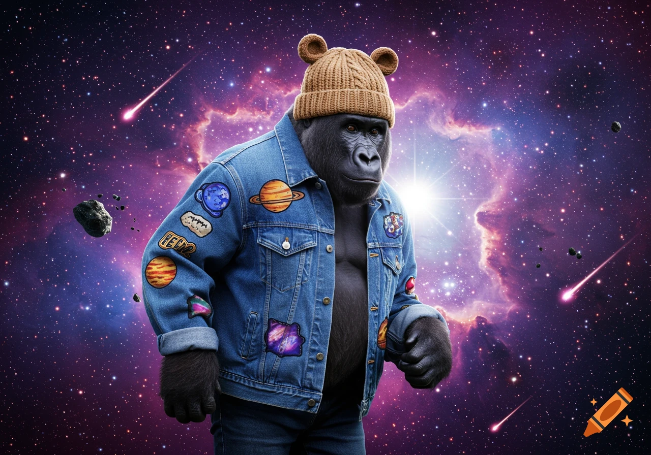 A gorilla in a brown knit hat and denim jacket with planet patches stands in a vibrant space scene with stars, nebulae, and meteors.