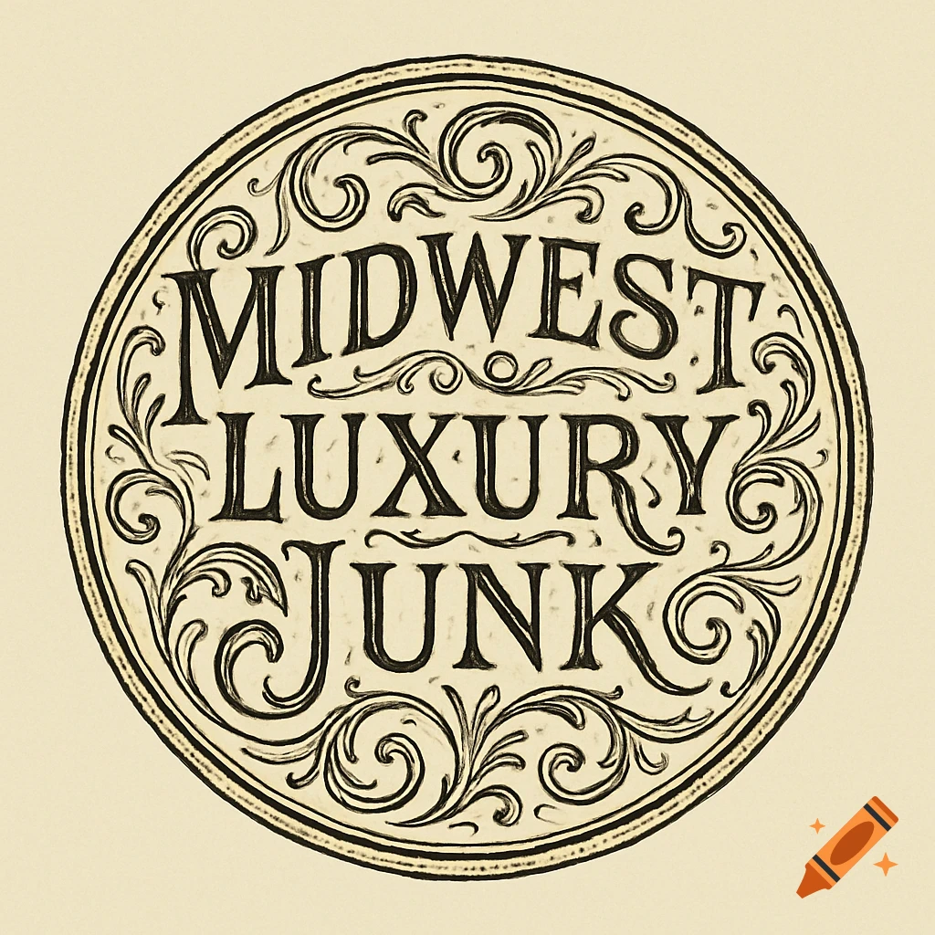 An ornate, antique-style circular logo in black and white, featuring the text "MIDWEST LUXURY JUNK" surrounded by decorative filigree.