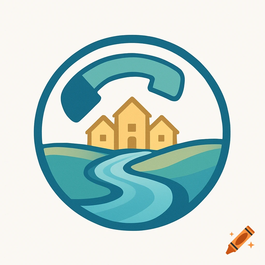 A stylized circular logo featuring a blue phone receiver curving over three yellow houses and a winding blue river, set against a light background.