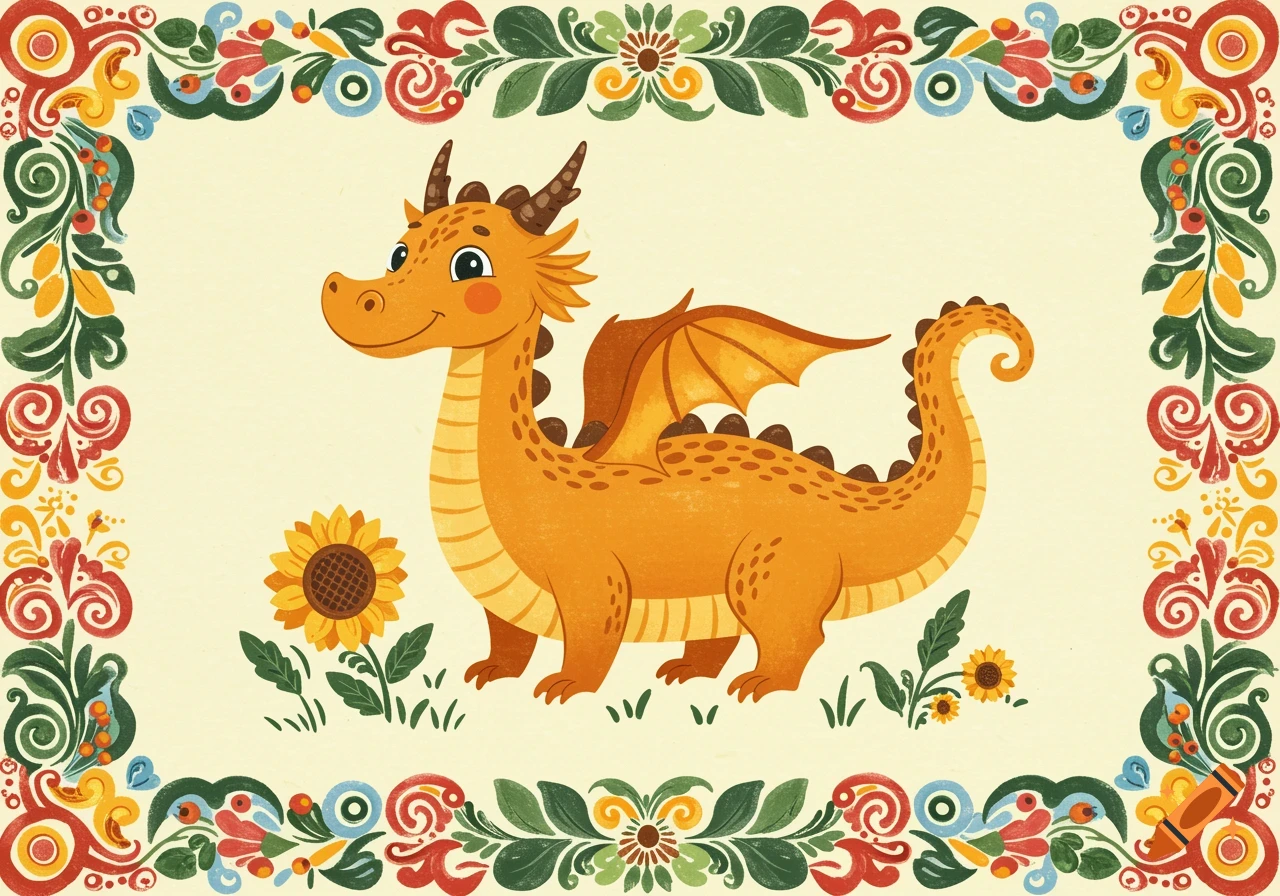 A smiling orange cartoon dragon with sunflowers, framed by a colorful Nordic folk art border in a children's book illustration style.