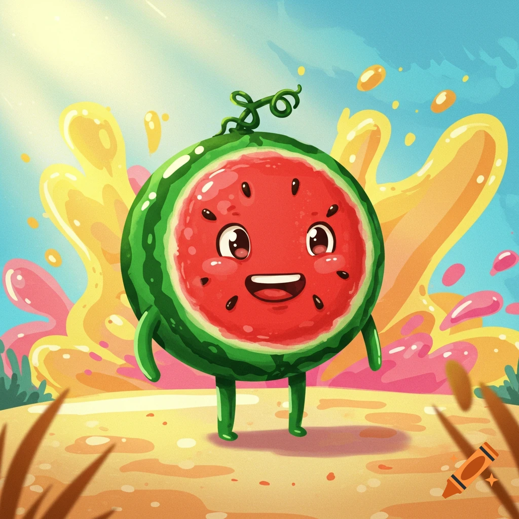 A cute, cartoonish watermelon character with a happy face stands on sandy ground with a vibrant, colorful splash background.