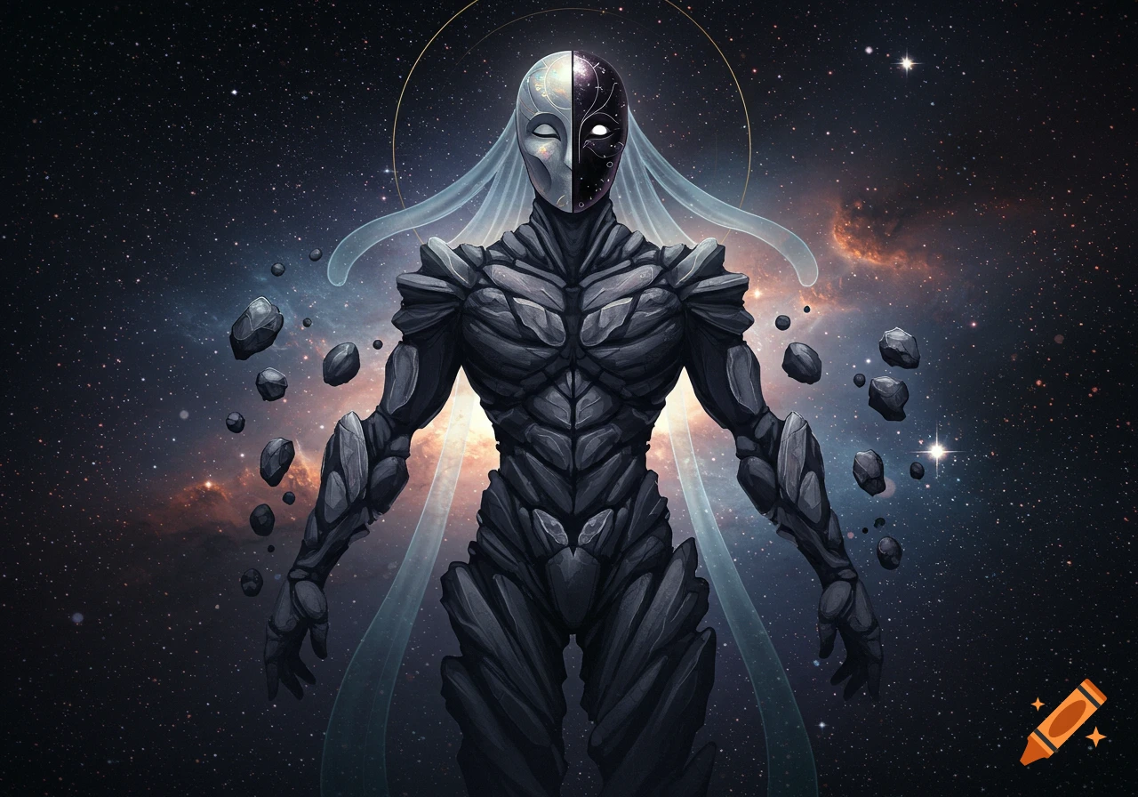 A stylized humanoid rock elemental with a split white and dark mask stands in a cosmic background with stars and nebulae.