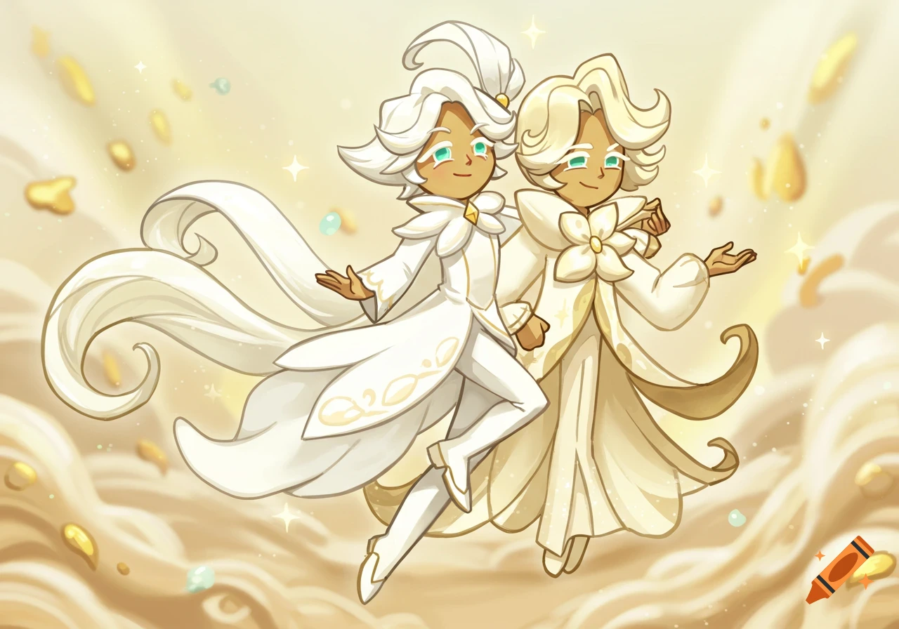 Two stylized cartoon characters in white flowing outfits float amidst a golden, sparkling background.