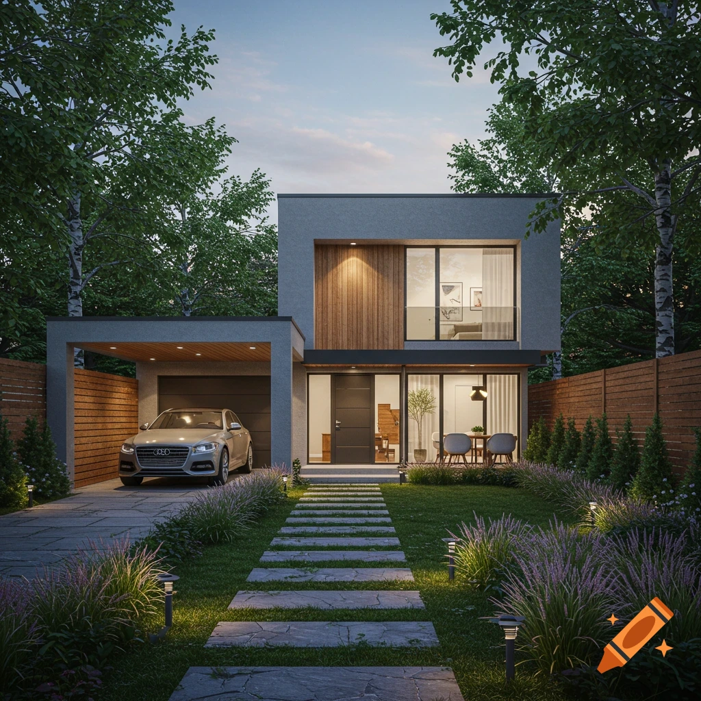A modern two-story house with a flat roof, garage, and a car parked inside. A stone path leads through a manicured lawn with lights to the front door. Trees surround the property under a twilight sky.
