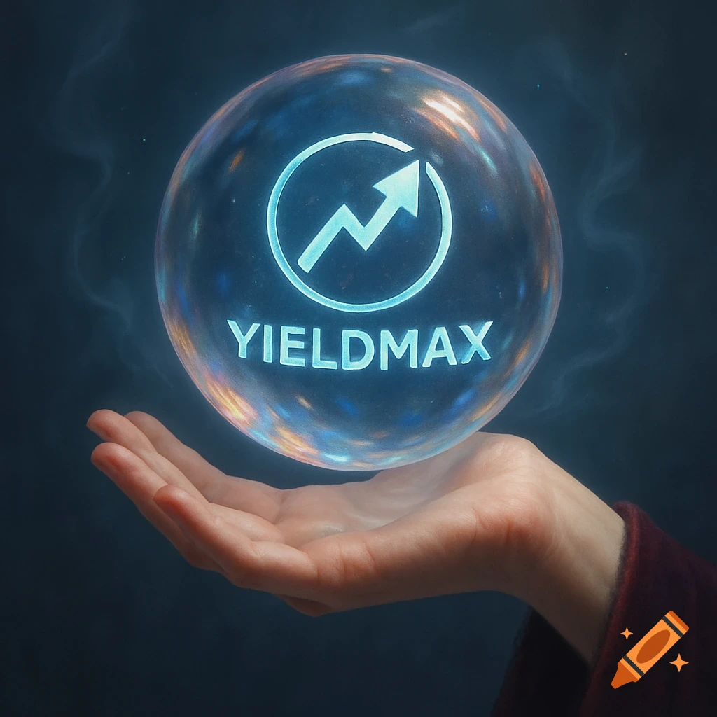 A hand holds a glowing, translucent crystal ball. Inside the ball, a bright blue upward-trending graph line is encircled, with the word 'YIELDMAX' below it.