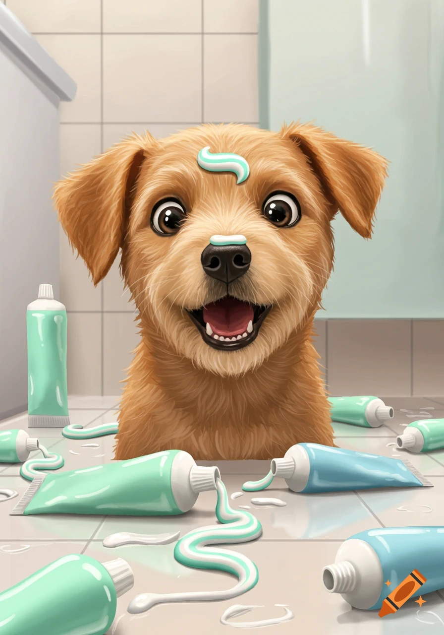 A happy golden-brown dog with toothpaste on its head and nose, surrounded by messy toothpaste tubes in a bathroom.