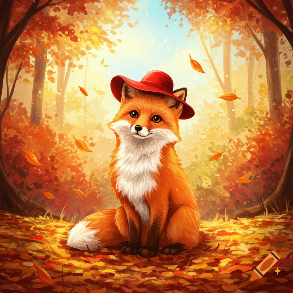 A cute orange fox wearing a red hat sits among colorful autumn leaves in a sunlit forest, in an illustration style.