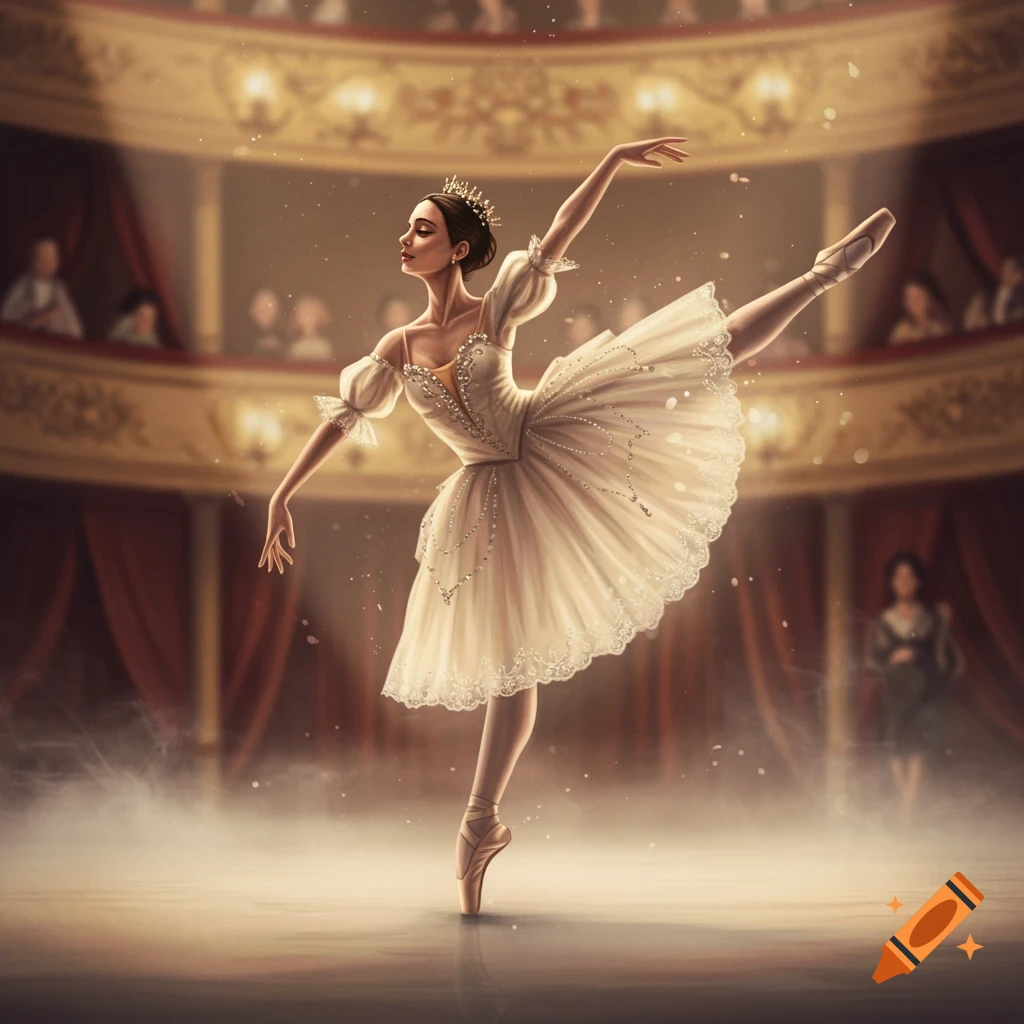 An elegant ballerina in a white tutu dances en pointe on a misty stage, with a theatrical background.