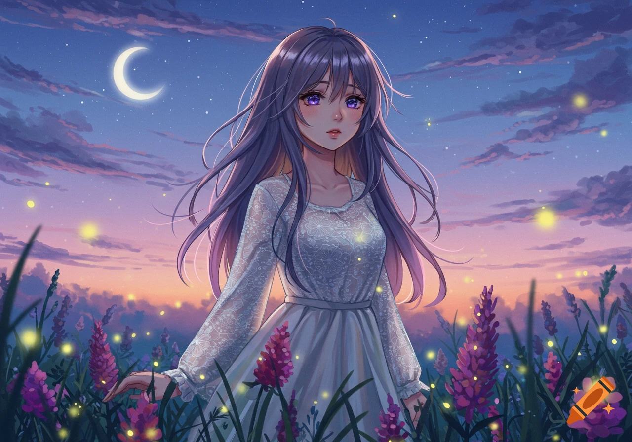 An anime girl with long purple hair in a white dress stands in a field of glowing purple flowers under a starry, twilight sky with a crescent moon.