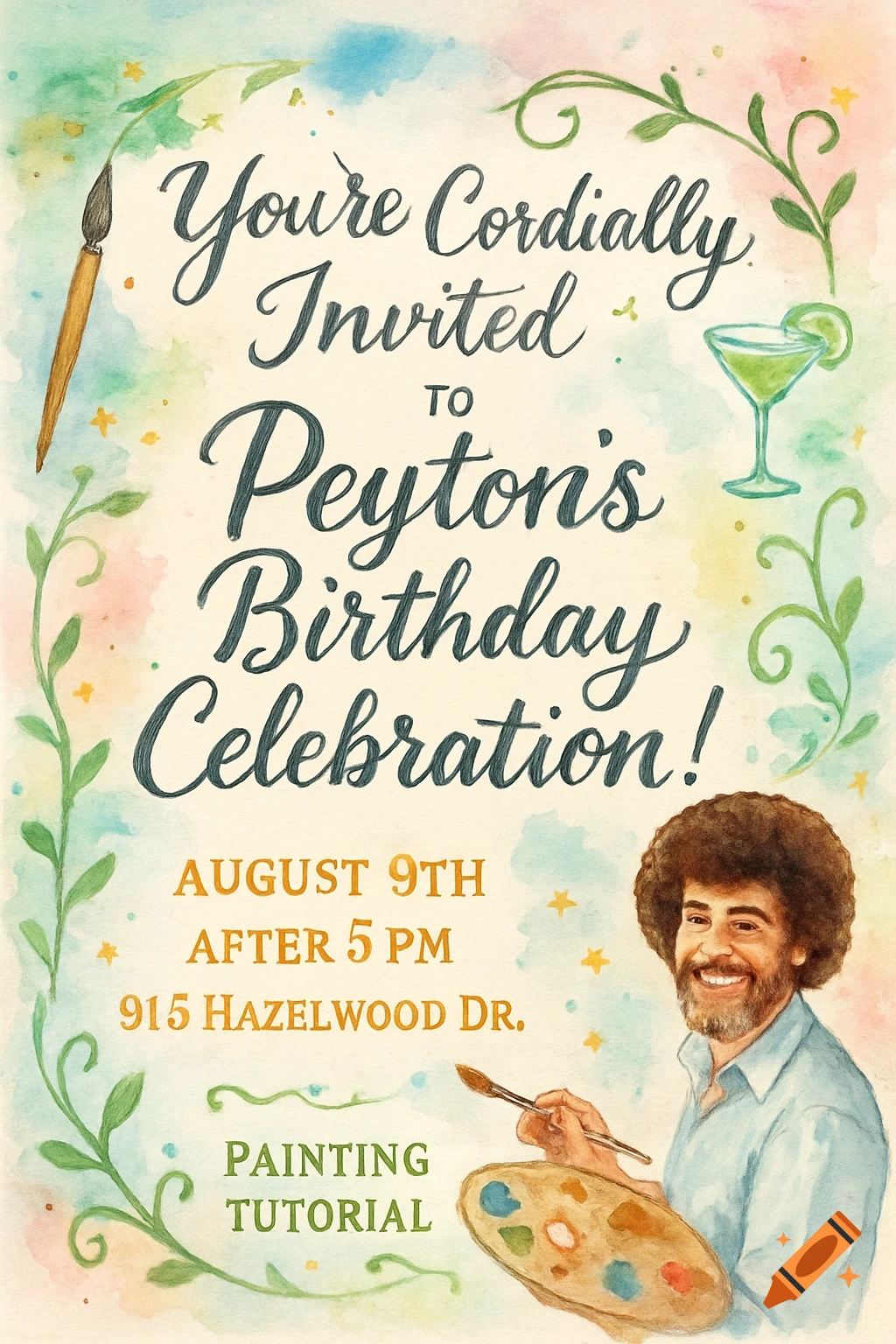 Watercolor birthday invitation featuring Bob Ross, a paintbrush, and a cocktail, with event details.