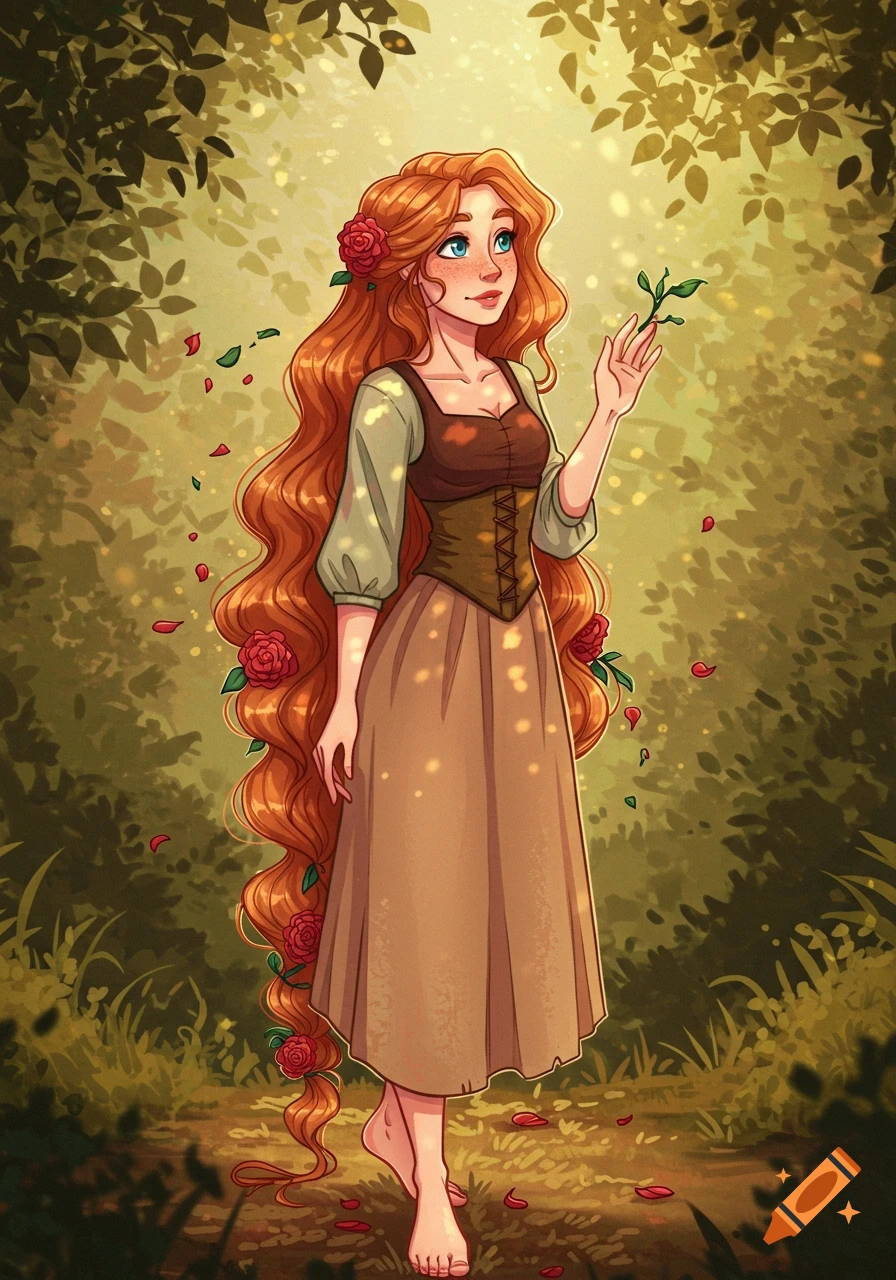 A red-haired maiden in a brown dress with roses in her hair stands barefoot in a sunlit forest, Disneyesque art style.