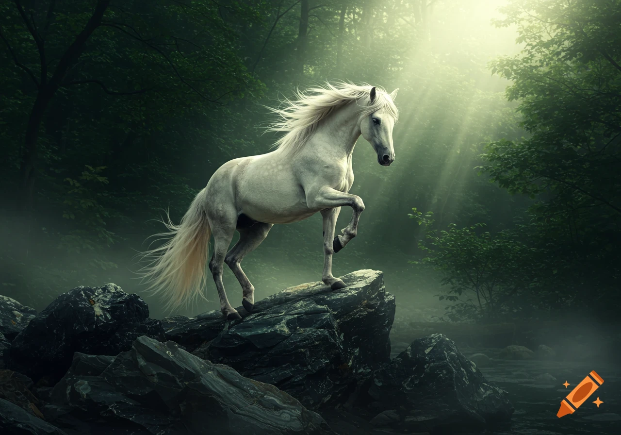 A majestic white horse stands on dark rocks in a misty, sunlit forest.