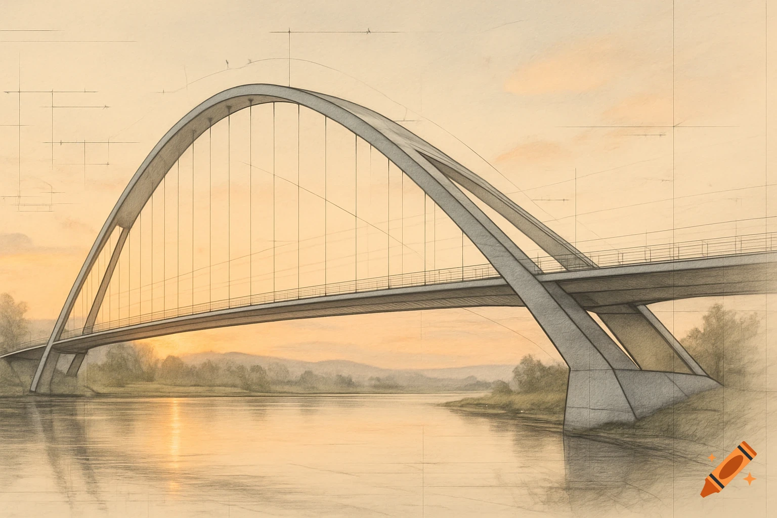 An architectural sketch of an arch bridge over water at sunset.