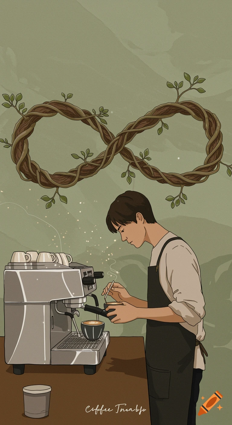 Stylized illustration of a barista pouring coffee from an espresso machine, with a vine infinity symbol above.