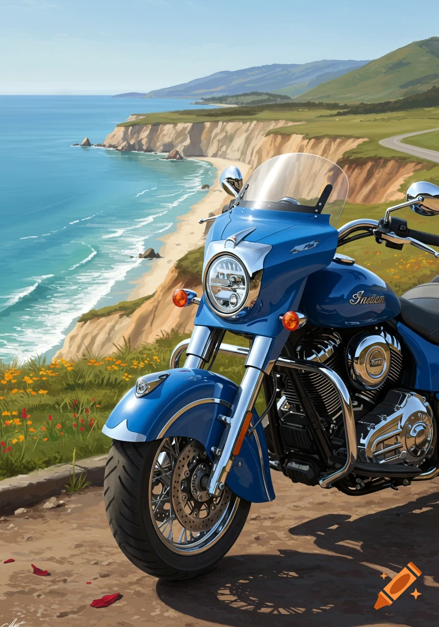 A blue and chrome Indian Chieftain motorcycle is parked on a dirt road, overlooking a scenic coastline with cliffs and a blue ocean.