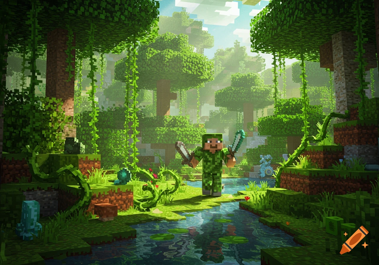 A blocky character in green armor stands in a vibrant Minecraft jungle with a river, holding a sword and a pickaxe.