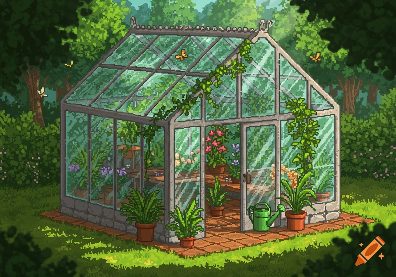 A vibrant pixel art greenhouse nestled in a lush green garden.