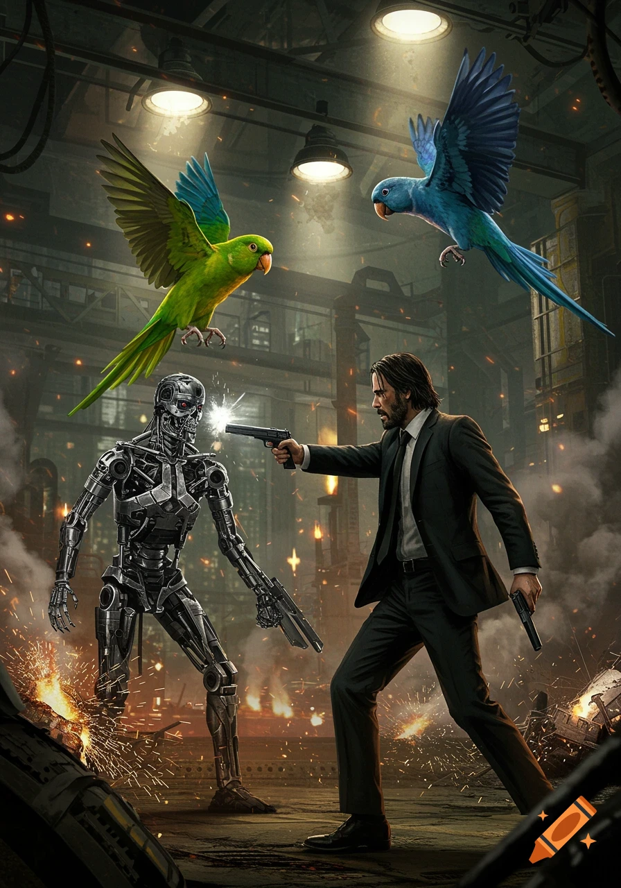 John Wick and a Terminator battle in a dark, industrial setting as a green and blue parrot fly overhead, digital art.