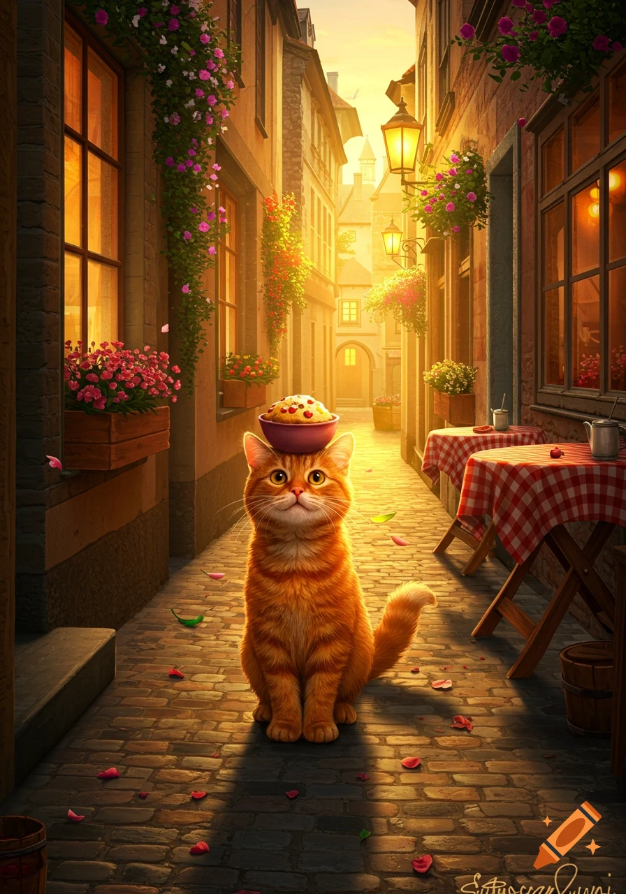 A cute orange cat sits in the middle of a charming, sunlit cobblestone street lined with buildings and flowers, balancing a small bowl on its head.