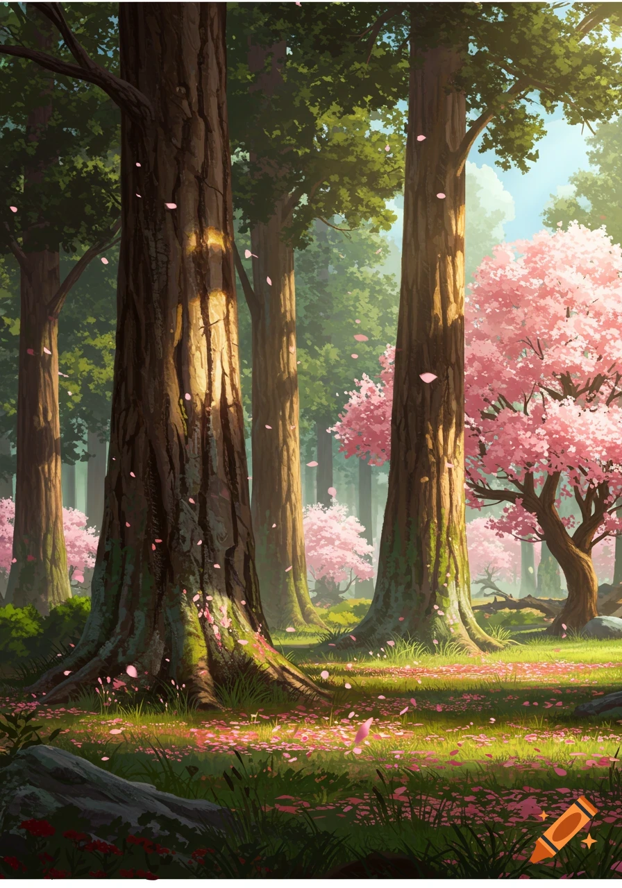 An illustrated forest with tall trees, pink cherry blossoms, and petals scattered on green grass.