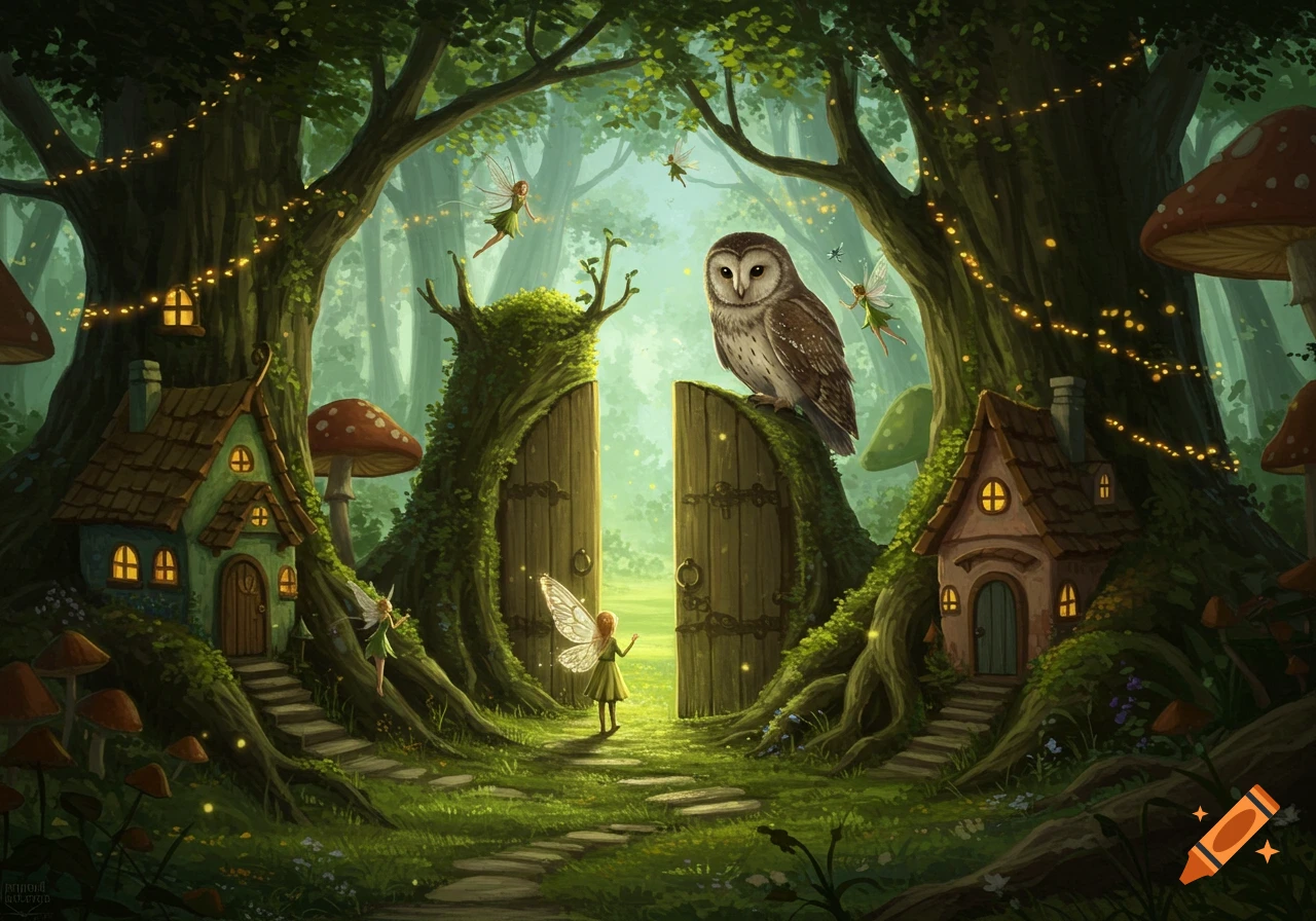 A magical forest scene with a large owl perched on an open mossy tree portal, leading to a bright path. Fairies fly around whimsical houses built into tree roots and mushrooms.