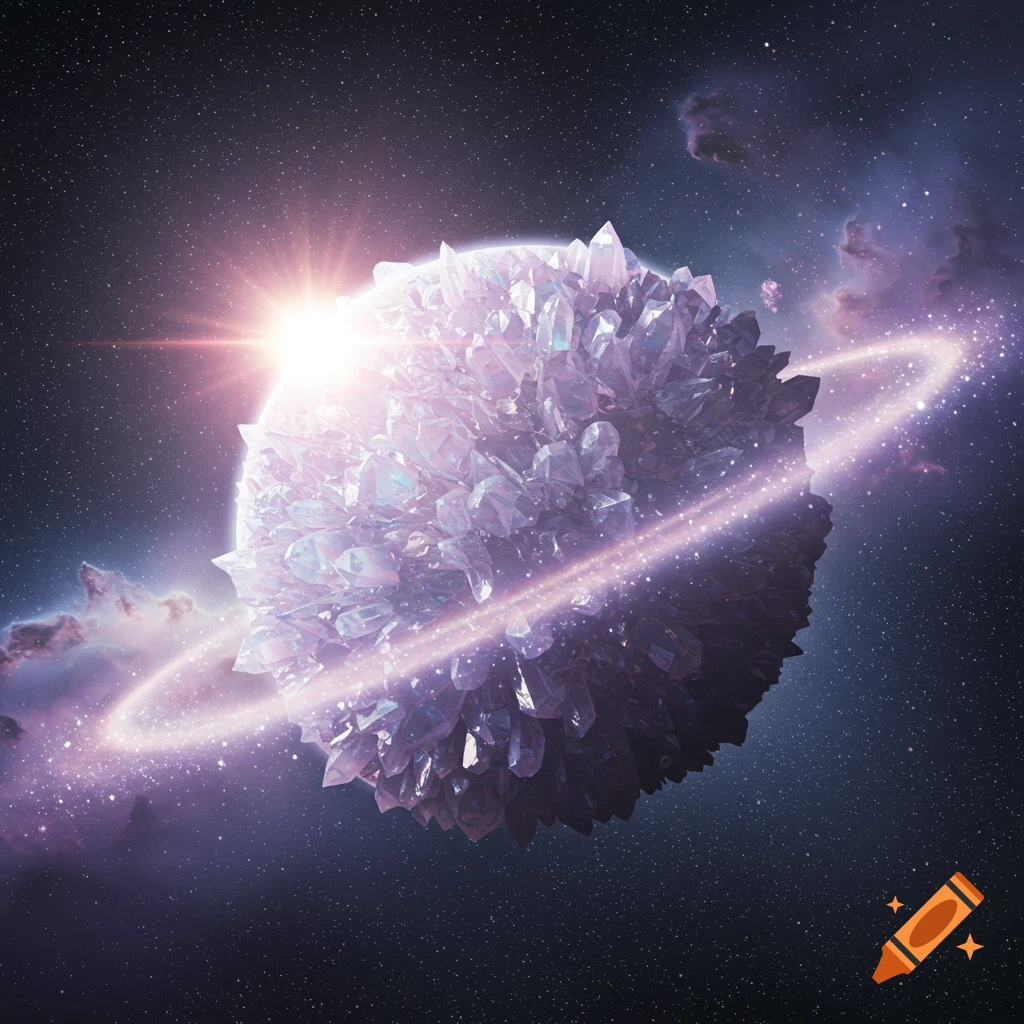 A glowing planet made entirely of multi-faceted purple crystals, orbited by a luminous ring, with a bright star behind it in a dark, starry cosmic background.