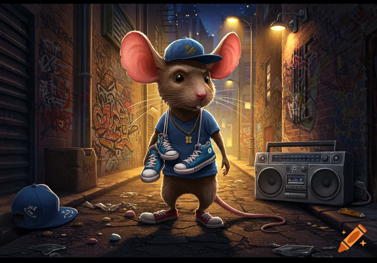 A cartoon mouse in a blue cap and t-shirt carries sneakers in a graffiti-covered urban alley with a boombox at night.