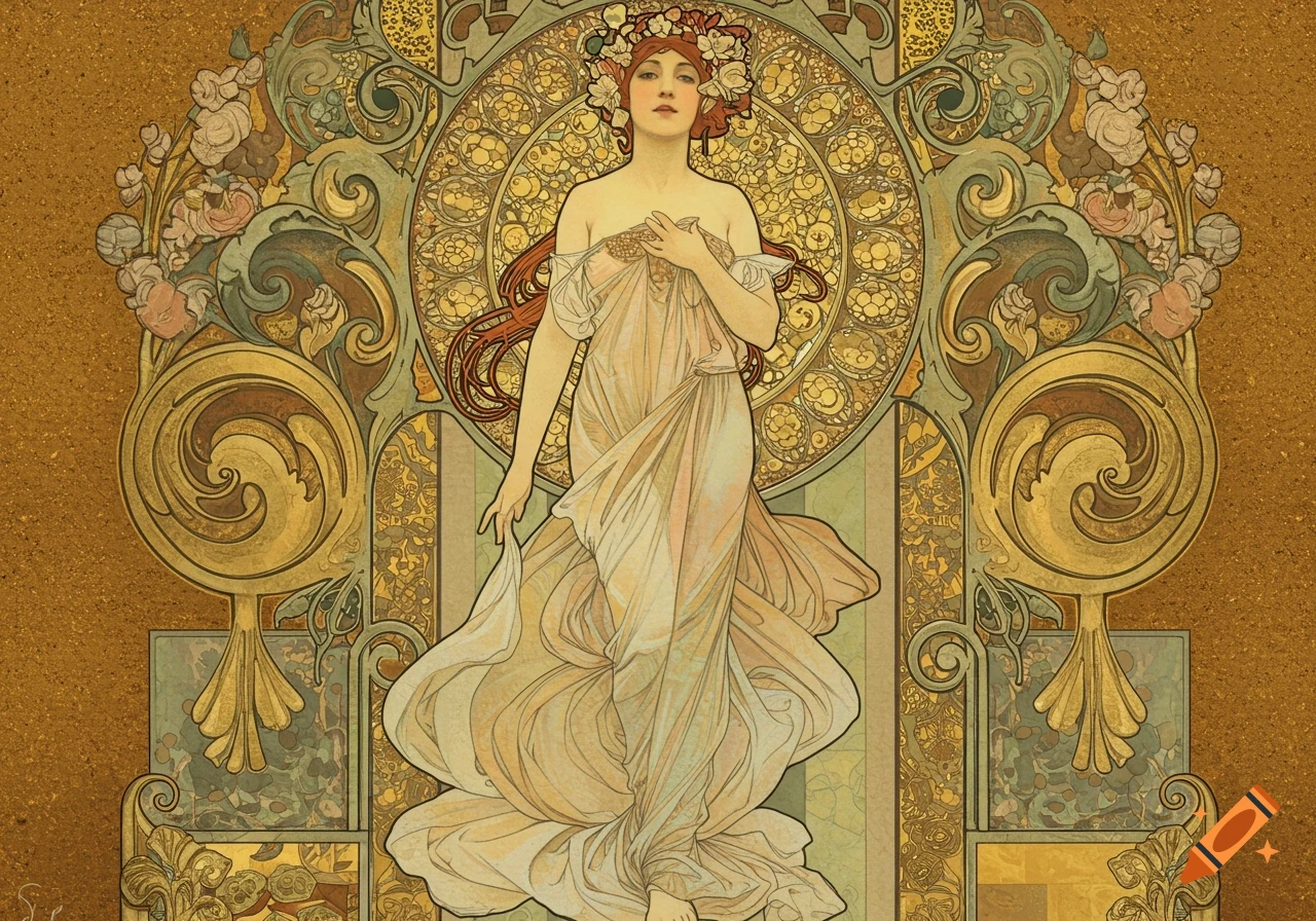 Art Nouveau painting of a woman with long red hair and a flowing gown against an ornate, golden, floral background.