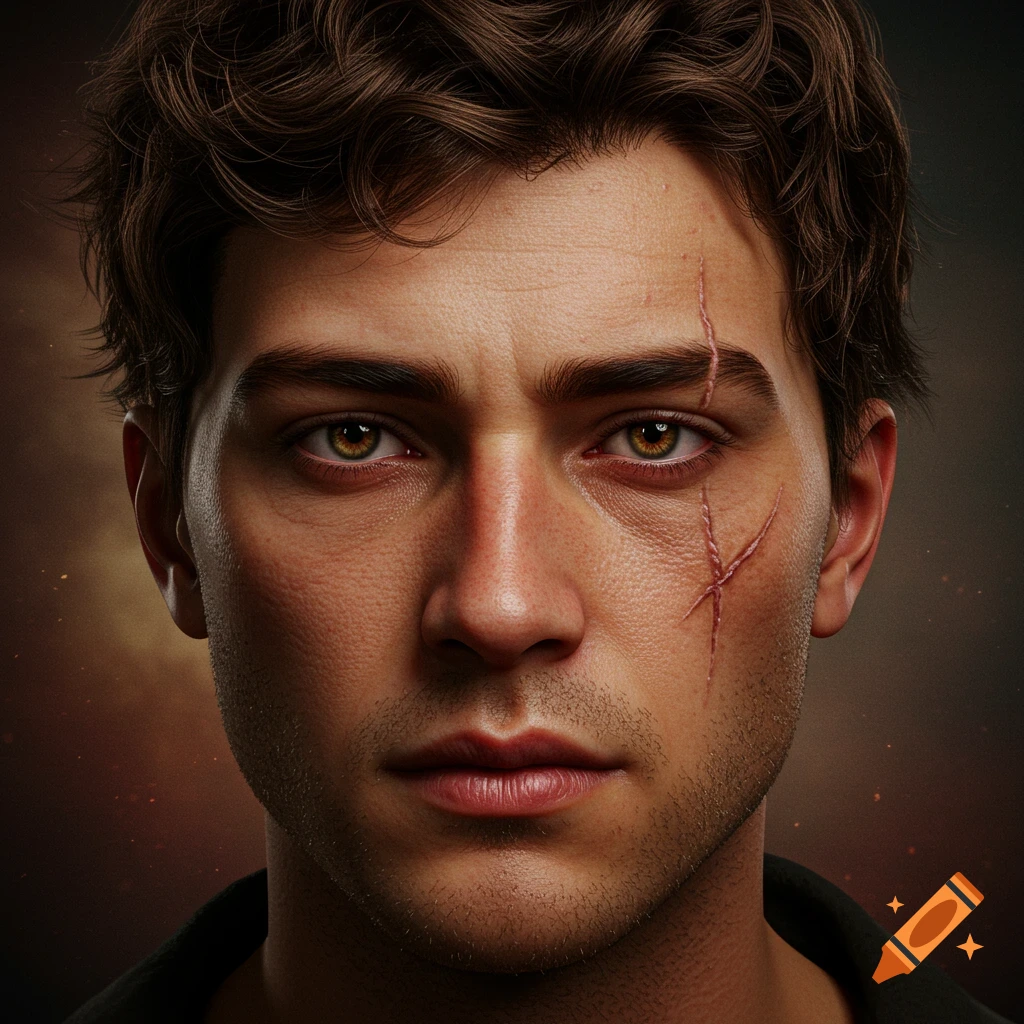 Close-up photorealistic digital art portrait of a man with brown wavy hair, brown eyes, and scars on his right cheek and forehead.