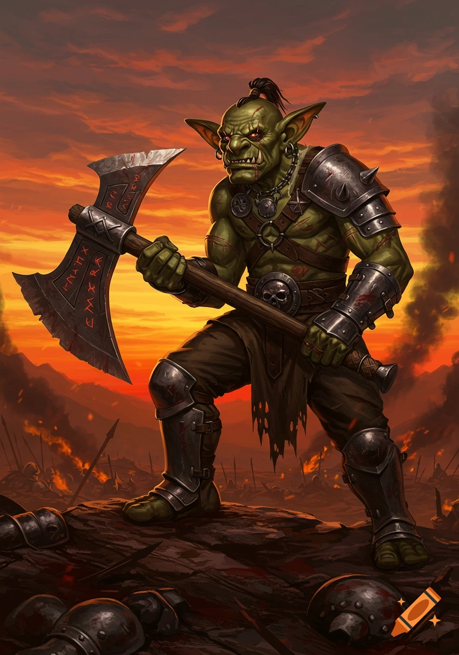 A fierce, battle-scarred green goblin with red eyes and tusks stands holding a large, rune-etched axe. He wears dark armor and tattered clothes, standing atop a rocky mound with burning structures and battle carnage in the background under an orange sky.