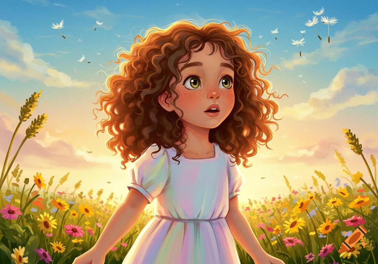 A cute young girl with curly hair stands in a vibrant field of colorful flowers under a bright sky, in a charming illustration.