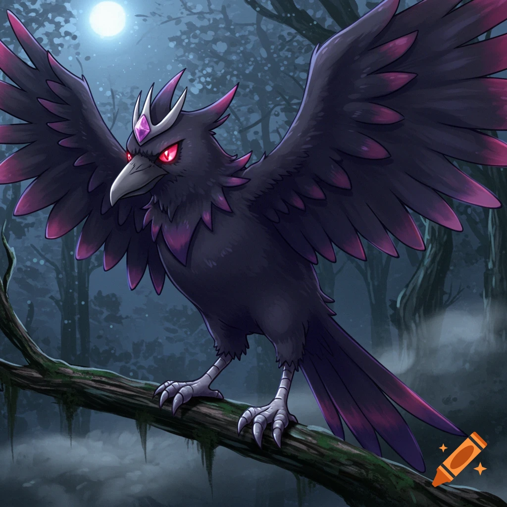 A dark purple raven Pokemon with red eyes and a crown sits on a tree branch in a moonlit forest.