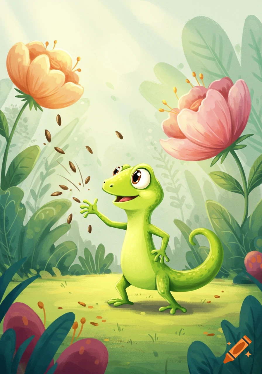 A cheerful green cartoon lizard throws seeds in a vibrant garden with large blooming flowers.