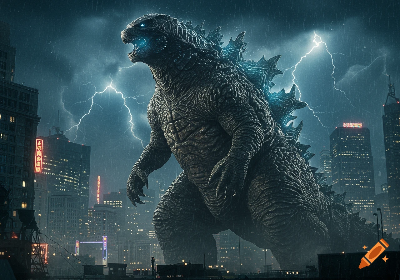 A giant Godzilla roars in a city at night during a thunderstorm with lightning.