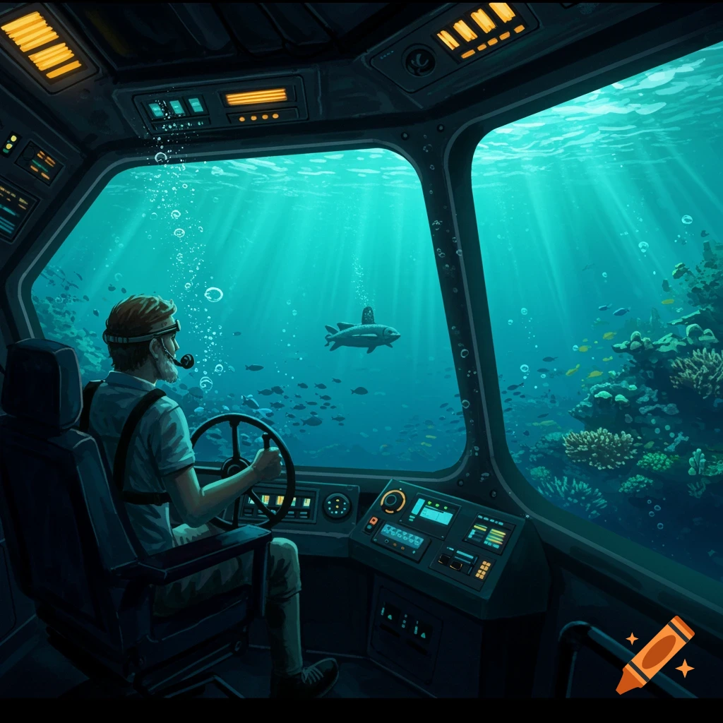 A man pilots a submarine, looking out its large window at the vibrant coral reef, schools of fish, and another small submarine in the sunlit ocean.