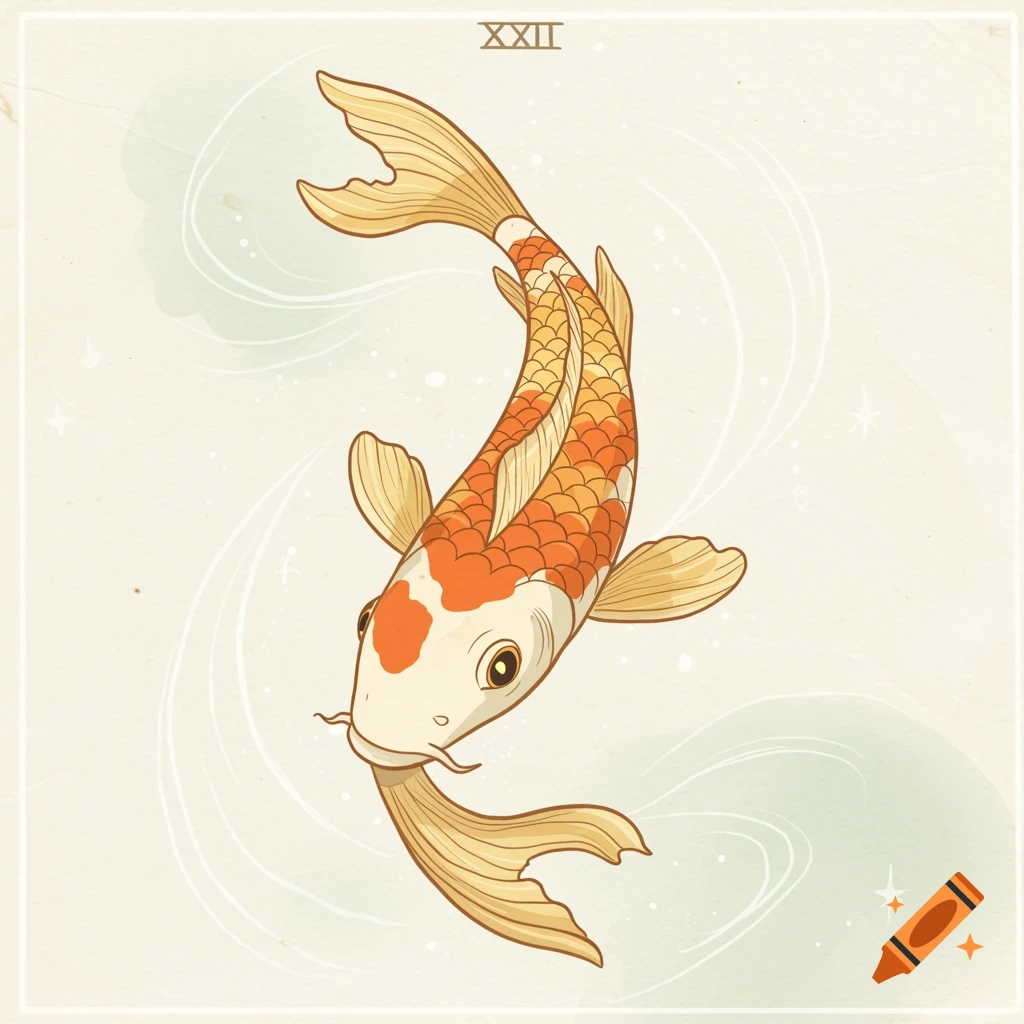 Minimalist illustration of an orange and white koi fish, with the Roman numeral XXII at the top, in a tarot card style.