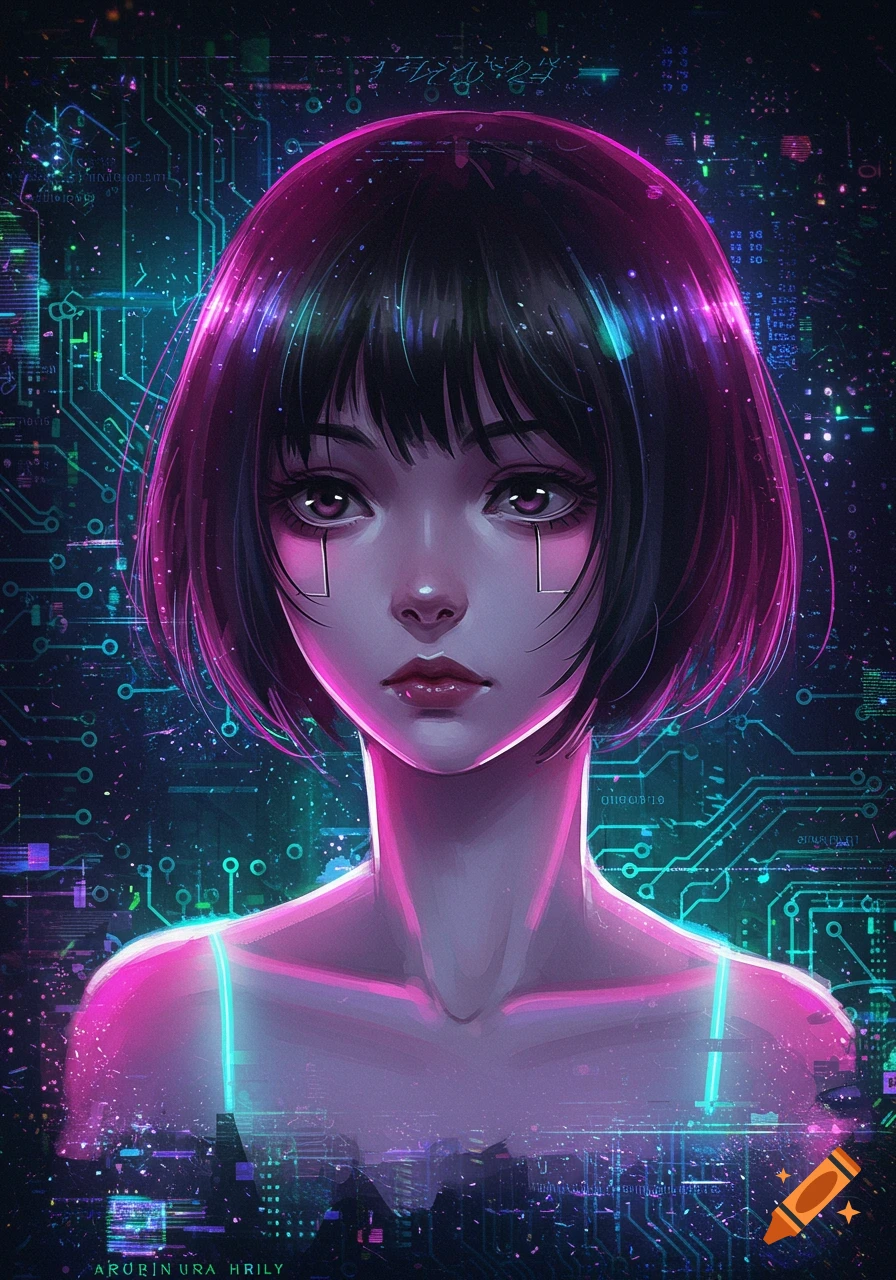 Close-up portrait of a futuristic girl with short black hair and glowing pink/blue neon lights against a circuit board background.