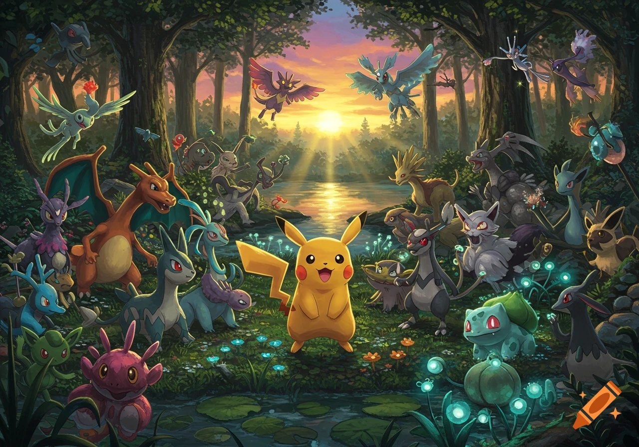 Pikachu and many other Pokemon characters gathered in a vibrant, illustrated forest at sunset by a lake.