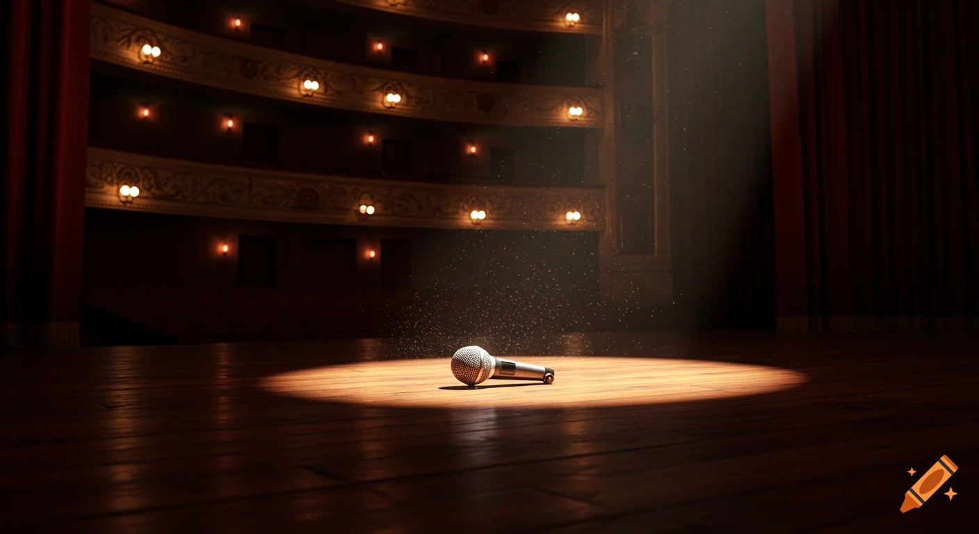 A single microphone lies on a dark, polished wooden stage under a bright spotlight, with an empty theater auditorium in the background.