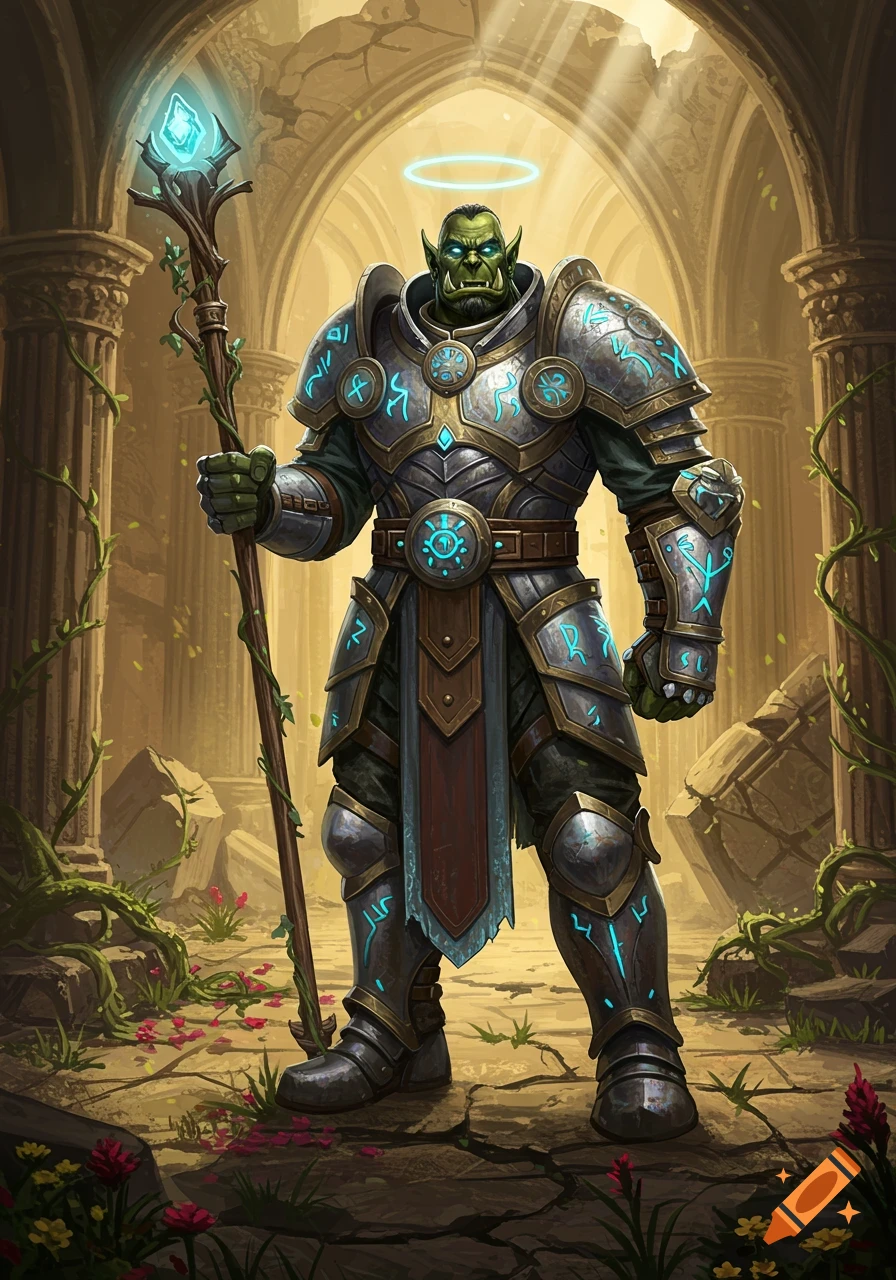 A green-skinned orc cleric in ornate glowing blue armor holds a staff in a ruined temple.