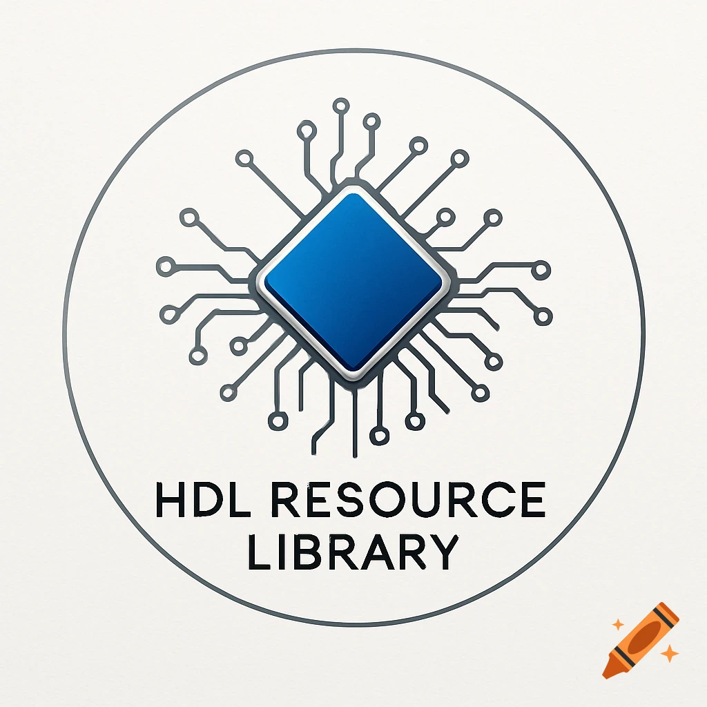 A logo featuring a stylized blue computer chip icon with circuits, enclosed within a grey circle, above the text "HDL RESOURCE LIBRARY".