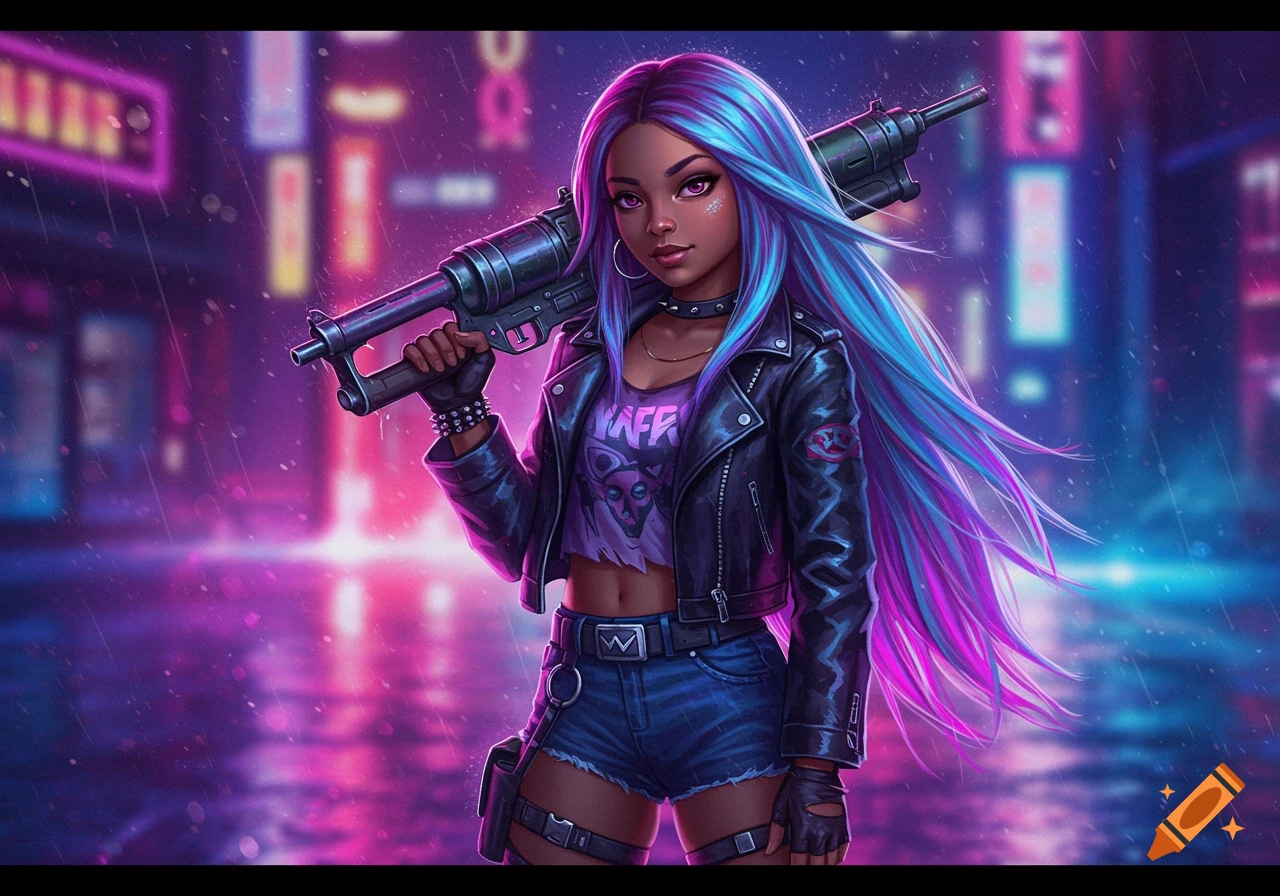 A stylish Black woman with long blue and purple hair holds a large weapon over her shoulder in a neon cyberpunk city street at night.