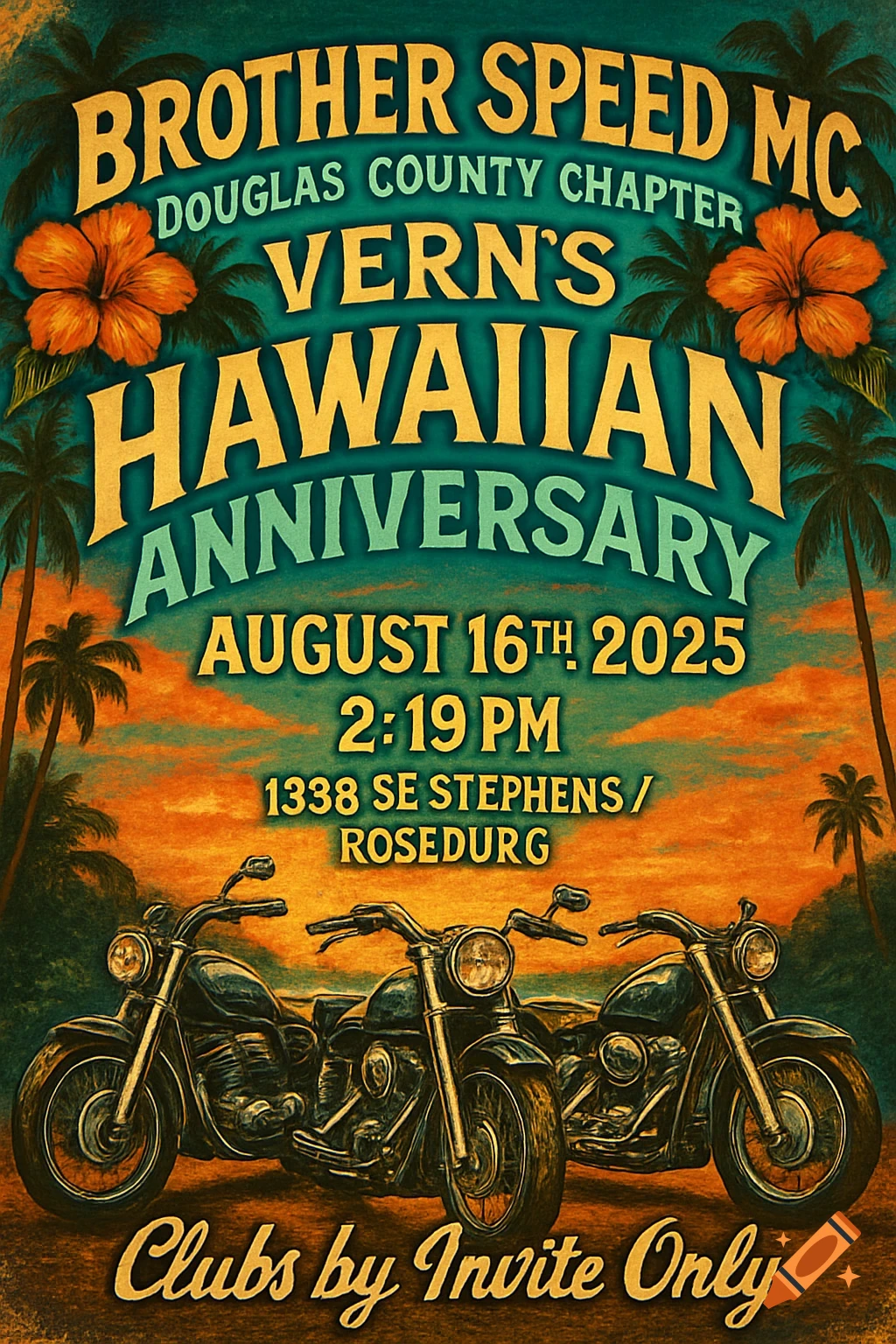 Vintage-style poster for a 'Brother Speed MC Hawaiian Anniversary' event featuring three motorcycles and palm trees against a sunset sky.