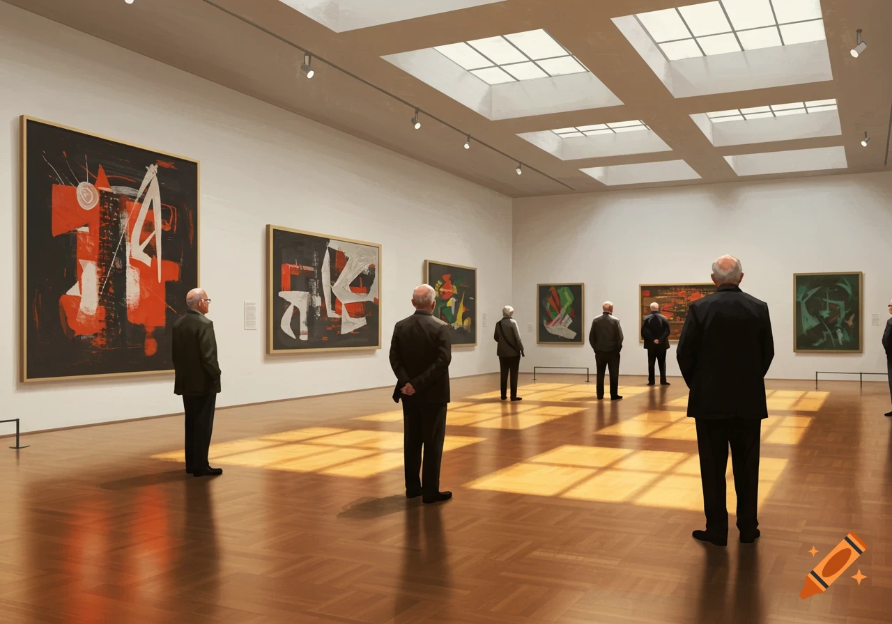 People view abstract paintings in a brightly lit modern art museum with skylights.