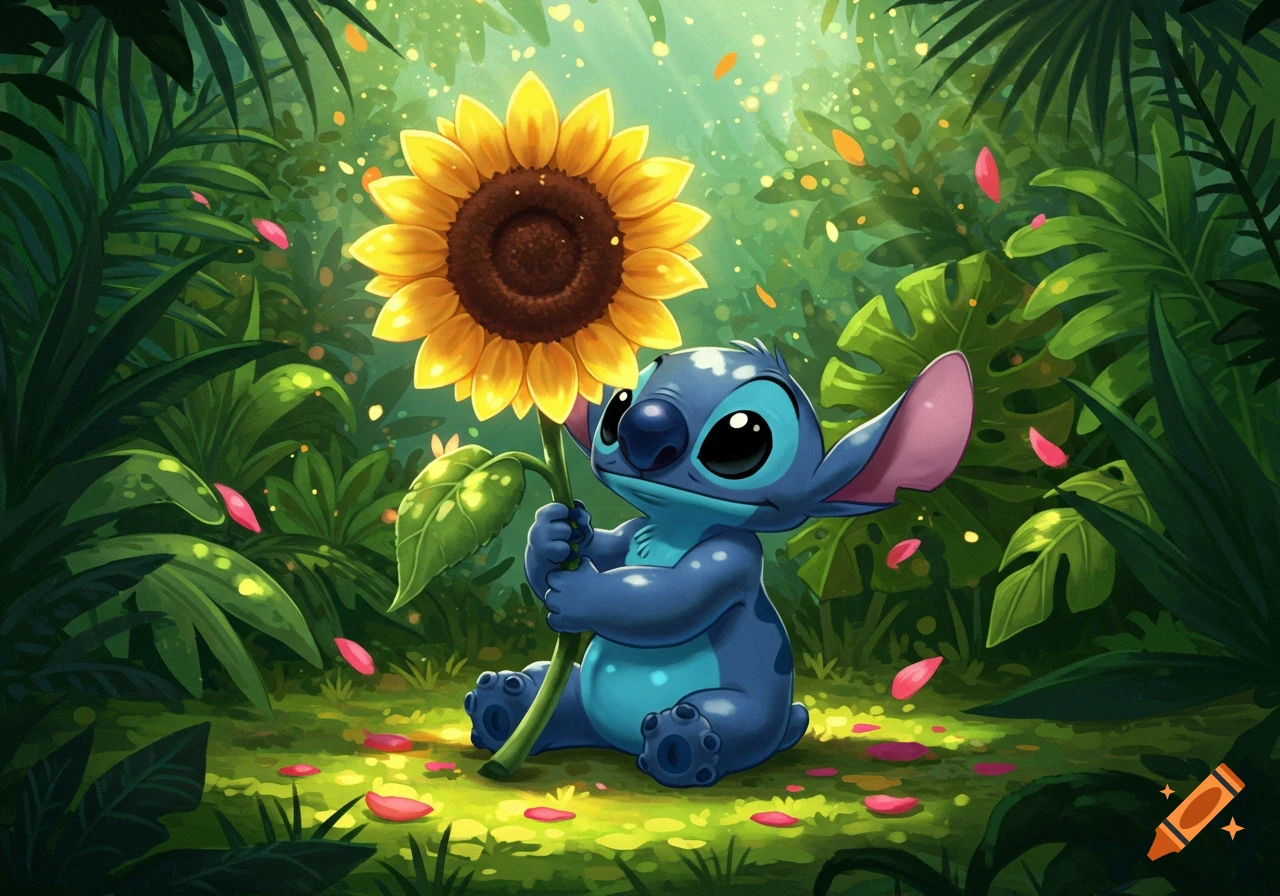 Stitch sitting in a vibrant jungle holding a large sunflower with pink petals falling, in a cartoon style.